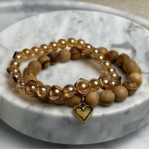 💥SOLD💥Gemstone Bracelet: Tiger Skin Jasper + Peach Mermaid Glass + Heart Charm